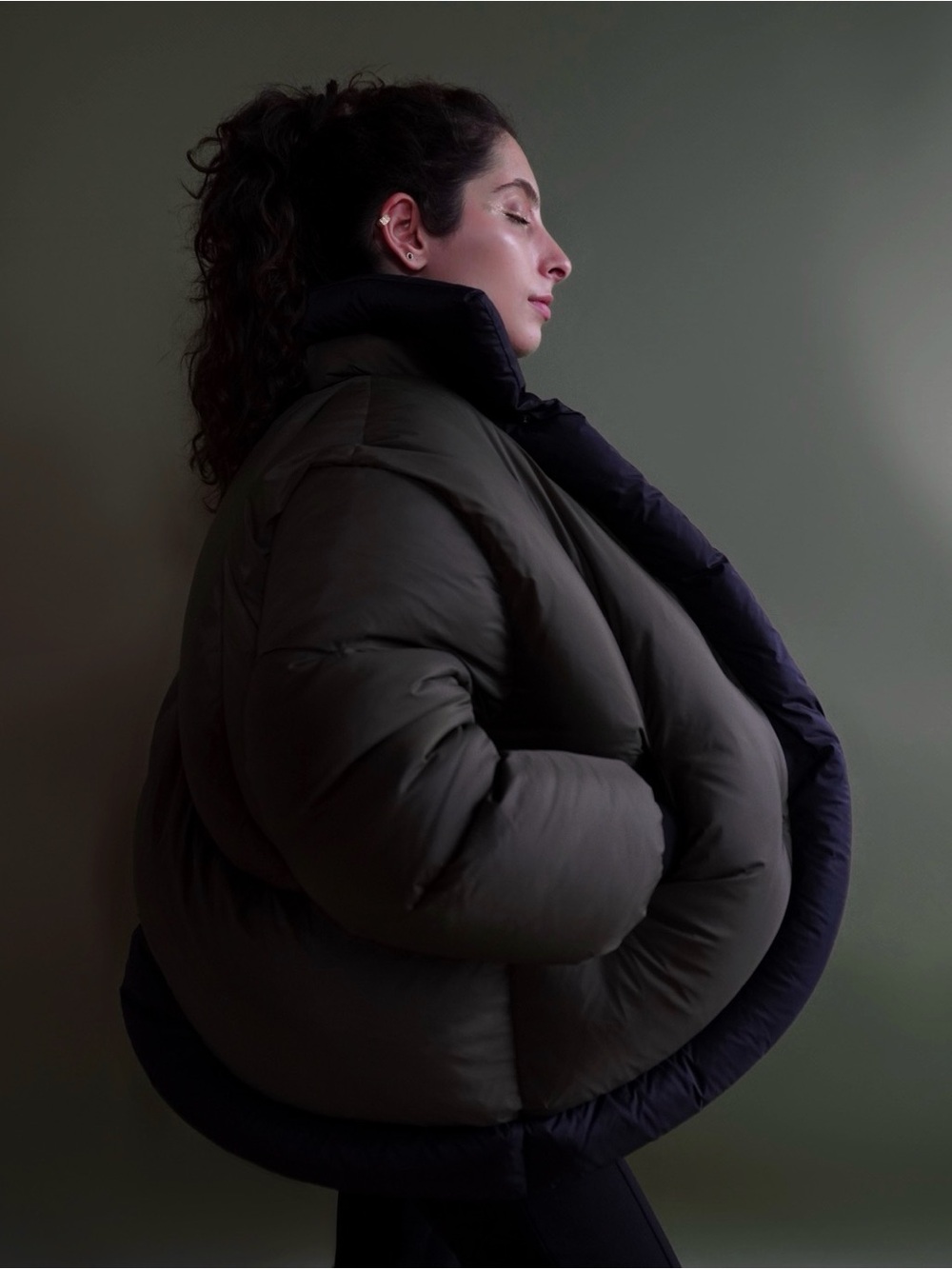 Olive Green Puffer Jacket with Black Trim - Unisex Jackets & Coats - Picture 2 of 7